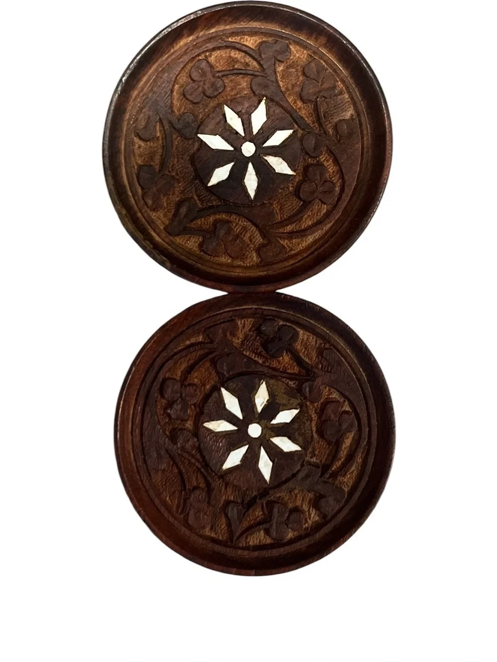 *NFS*Vintage Hand Carved Wood Coasters With Shell Inlay - Set of 6